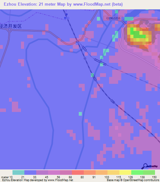 Ezhou,China Elevation Map