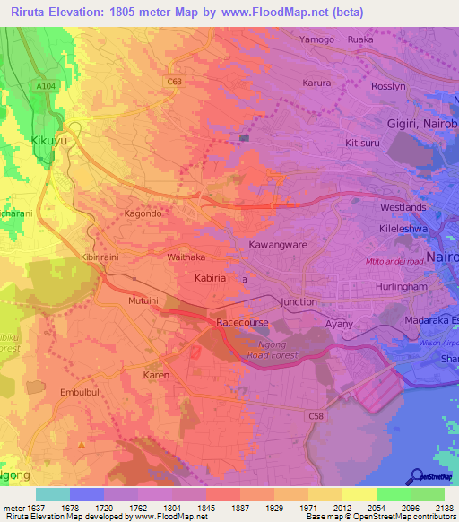 Riruta,Kenya Elevation Map