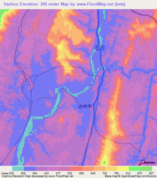 Dazhou,China Elevation Map