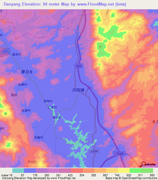 Danyang,China Elevation Map
