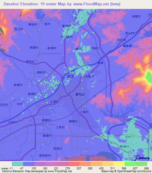 Danshui,China Elevation Map