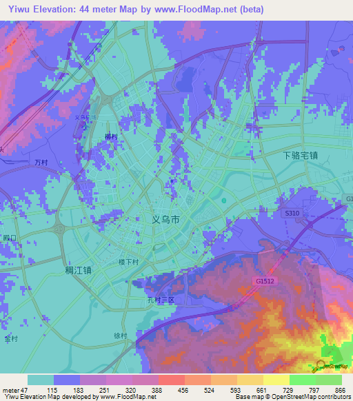 Yiwu,China Elevation Map