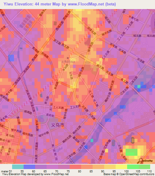 Yiwu,China Elevation Map