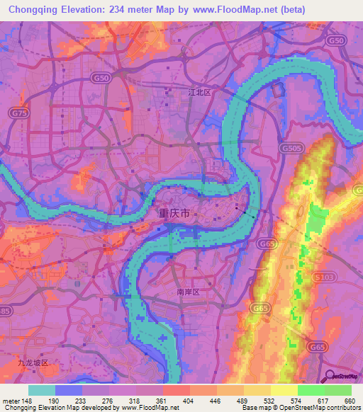 Chongqing,China Elevation Map