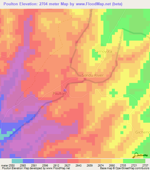 Poulton,Kenya Elevation Map