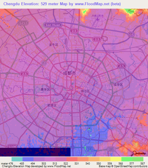 Chengdu,China Elevation Map