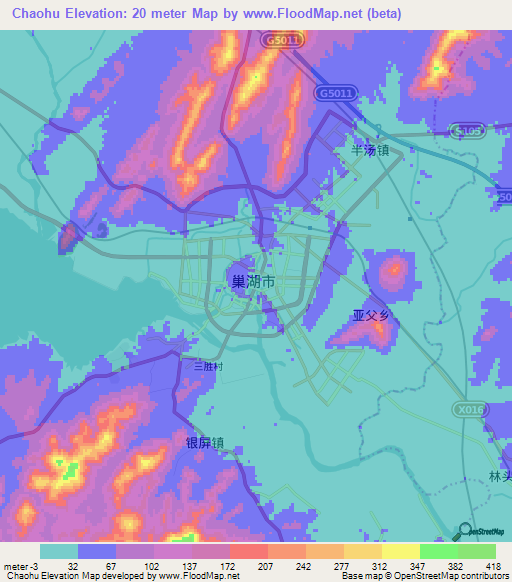 Chaohu,China Elevation Map