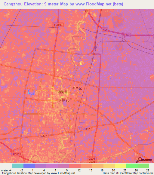 Cangzhou,China Elevation Map