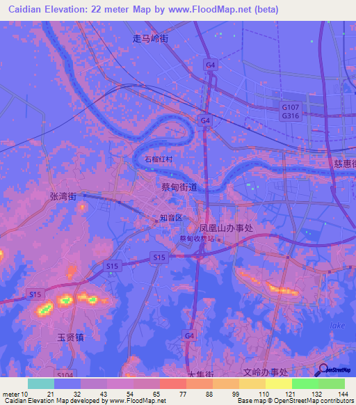 Caidian,China Elevation Map