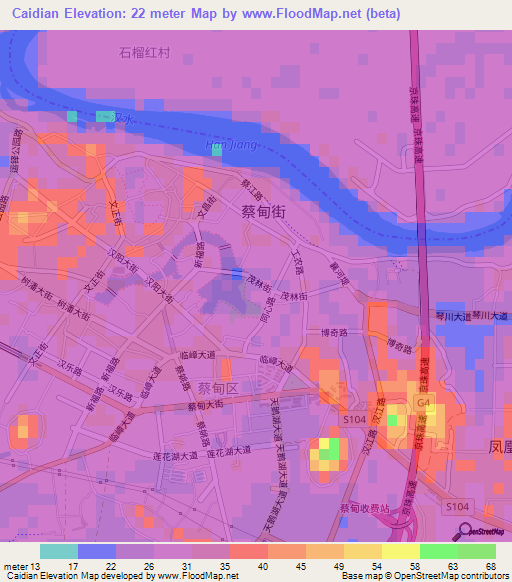Caidian,China Elevation Map