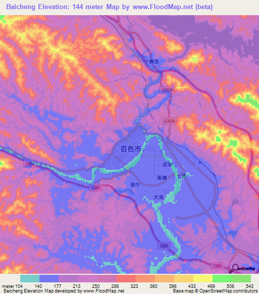 Baicheng,China Elevation Map