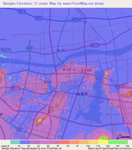 Bengbu,China Elevation Map
