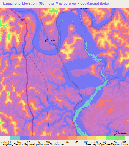 Langzhong,China Elevation Map