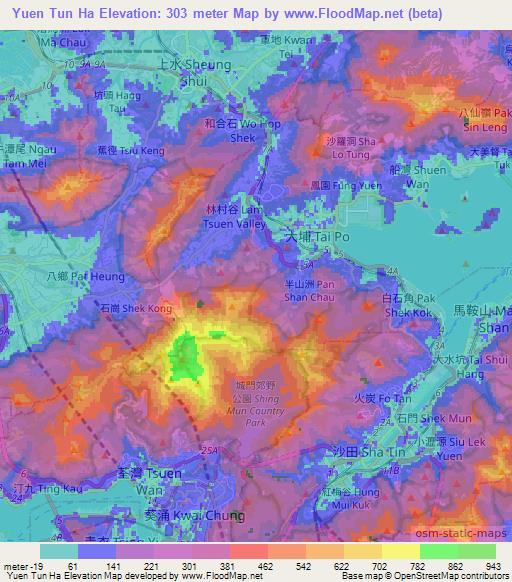 Yuen Tun Ha,Hong Kong Elevation Map