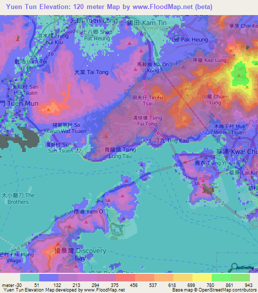 Yuen Tun,Hong Kong Elevation Map
