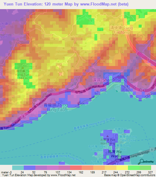 Yuen Tun,Hong Kong Elevation Map