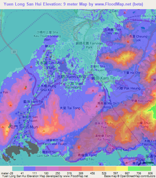 Yuen Long San Hui,Hong Kong Elevation Map