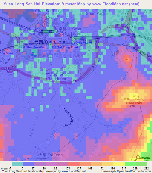 Yuen Long San Hui,Hong Kong Elevation Map