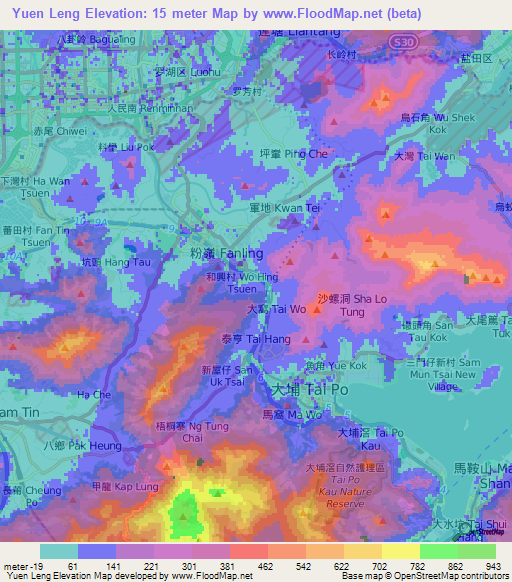 Yuen Leng,Hong Kong Elevation Map