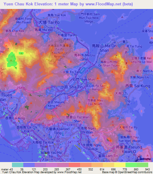 Yuen Chau Kok,Hong Kong Elevation Map