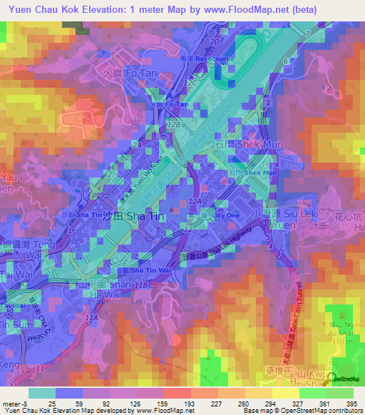 Yuen Chau Kok,Hong Kong Elevation Map