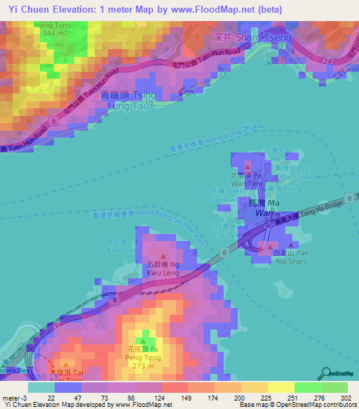 Yi Chuen,Hong Kong Elevation Map
