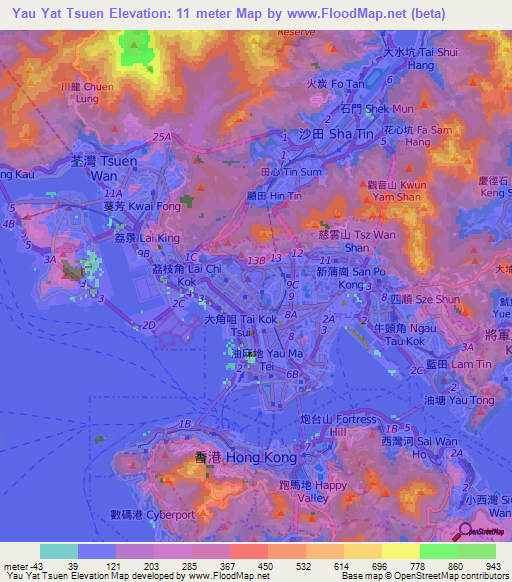 Yau Yat Tsuen,Hong Kong Elevation Map
