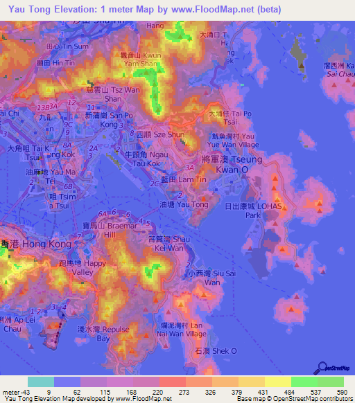 Yau Tong,Hong Kong Elevation Map