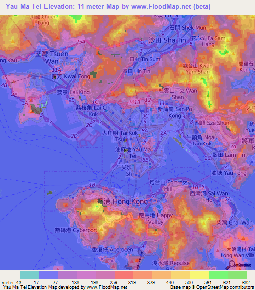 Yau Ma Tei,Hong Kong Elevation Map