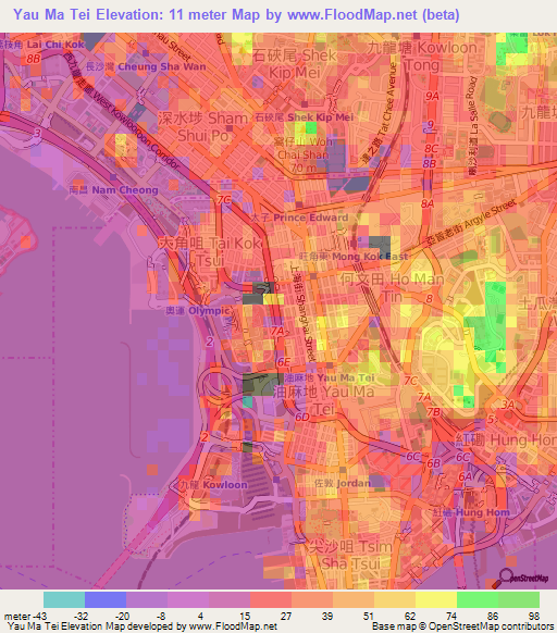 Yau Ma Tei,Hong Kong Elevation Map