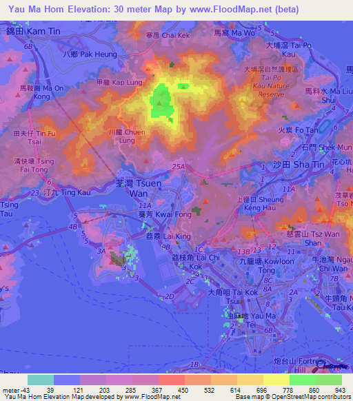 Yau Ma Hom,Hong Kong Elevation Map