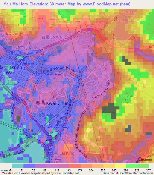 Yau Ma Hom,Hong Kong Elevation Map