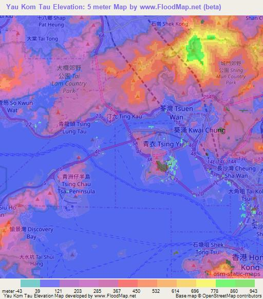 Yau Kom Tau,Hong Kong Elevation Map