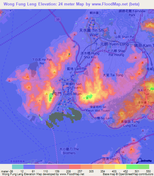 Wong Fung Leng,Hong Kong Elevation Map