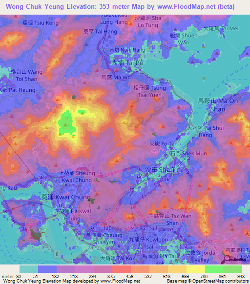 Wong Chuk Yeung,Hong Kong Elevation Map