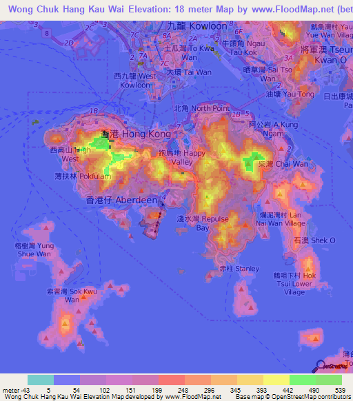 Wong Chuk Hang Kau Wai,Hong Kong Elevation Map
