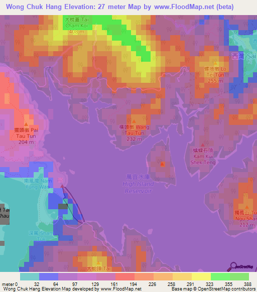 Wong Chuk Hang,Hong Kong Elevation Map