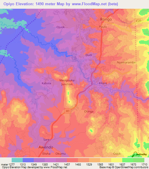 Opiyo,Kenya Elevation Map