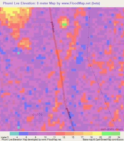 Phumi Lve,Cambodia Elevation Map