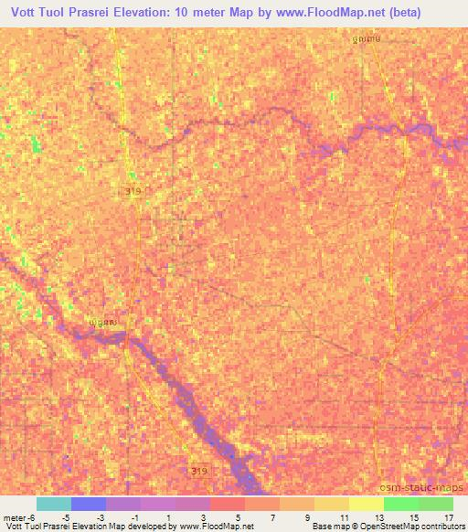 Vott Tuol Prasrei,Cambodia Elevation Map
