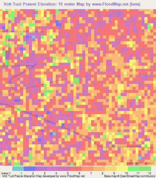 Vott Tuol Prasrei,Cambodia Elevation Map