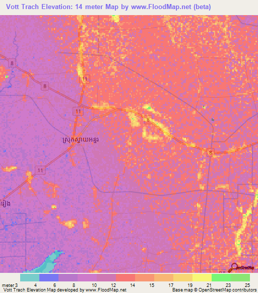 Vott Trach,Cambodia Elevation Map