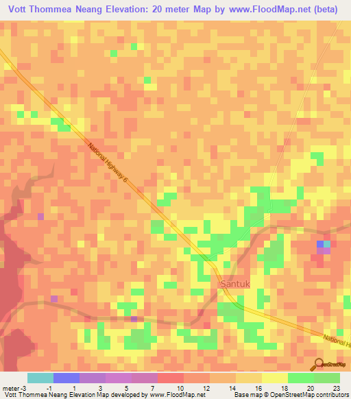 Vott Thommea Neang,Cambodia Elevation Map