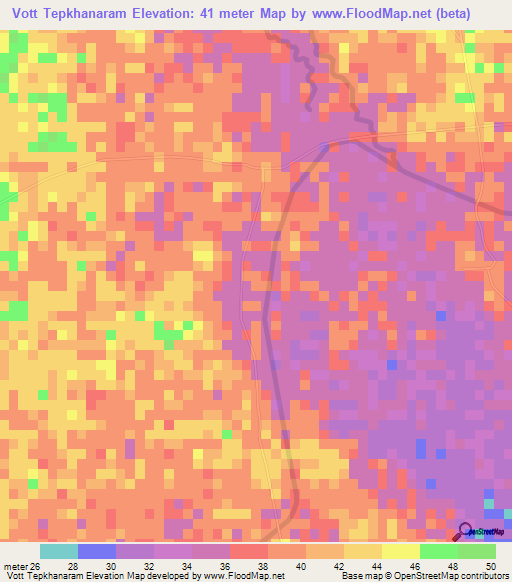 Vott Tepkhanaram,Cambodia Elevation Map