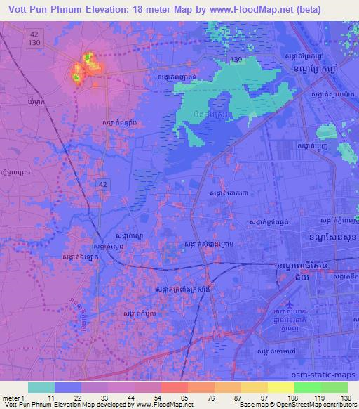 Vott Pun Phnum,Cambodia Elevation Map