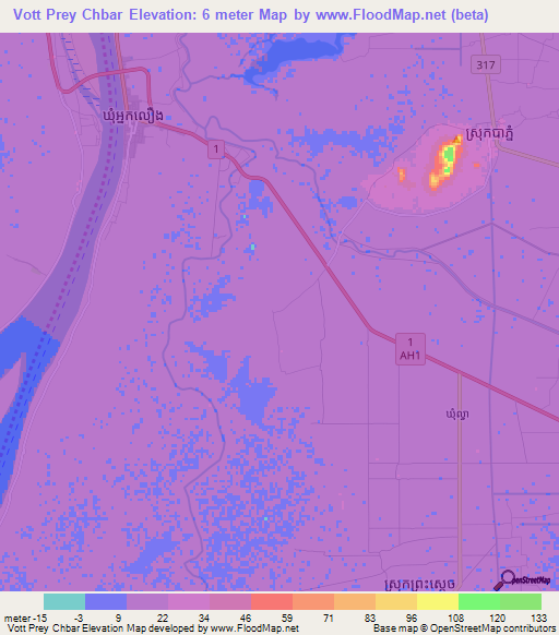 Vott Prey Chbar,Cambodia Elevation Map