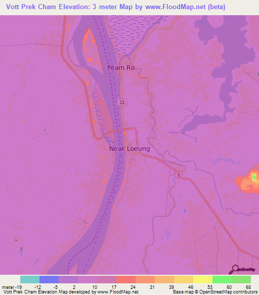 Vott Prek Cham,Cambodia Elevation Map