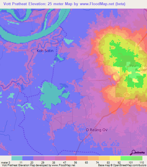 Vott Pratheat,Cambodia Elevation Map