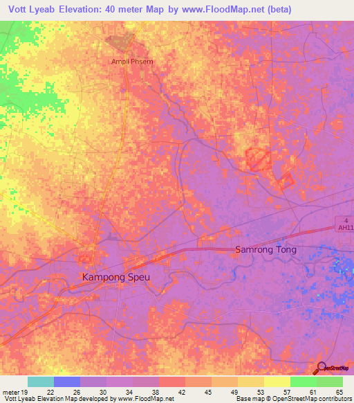 Vott Lyeab,Cambodia Elevation Map