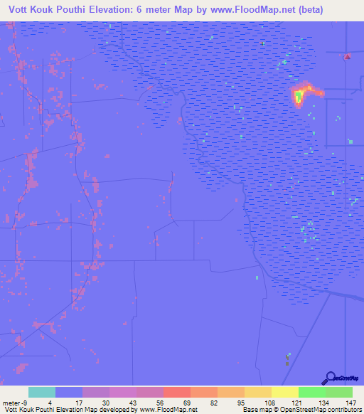 Vott Kouk Pouthi,Cambodia Elevation Map